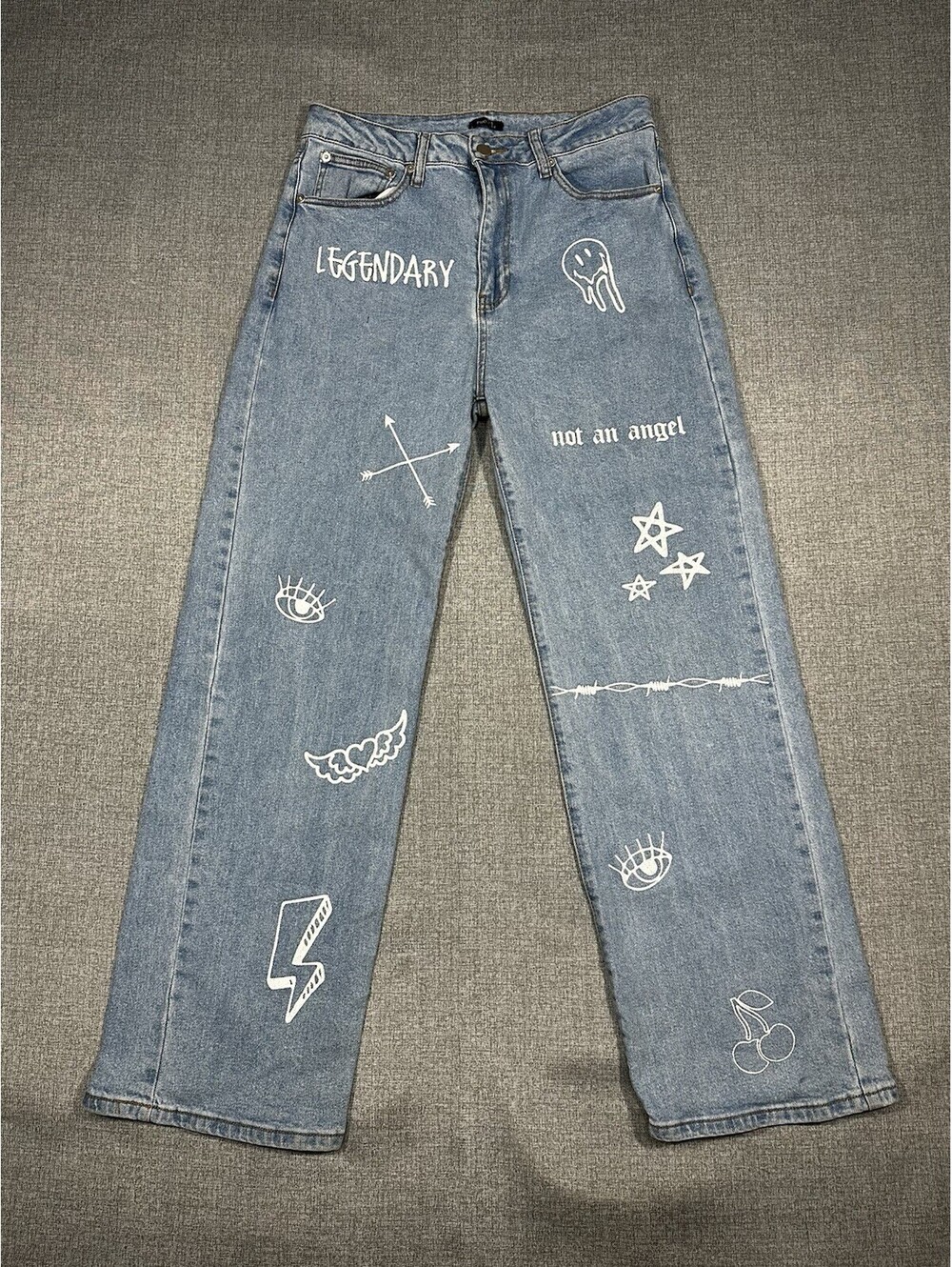 Rue21 Womens Graphic Print Straight Leg Jeans 30x29 Blue Size 10 “Legendary